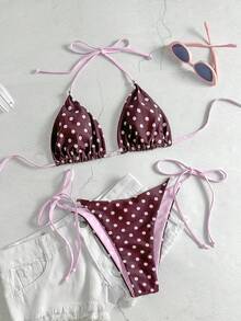 Women's Polka Dot Double Fabric Contrast Color Halter Bikini Top And Side Tie Bottoms, Suitable For Beach, Summer Vacation And Pool Party