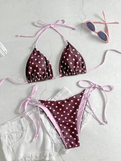 Women's Polka Dot Double Fabric Contrast Color Halter Bikini Top And Side Tie Bottoms, Suitable For Beach, Summer Vacation And Pool Party