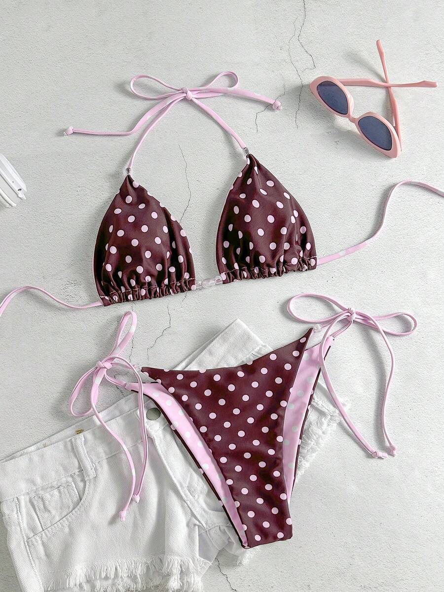 Women's Polka Dot Double Fabric Contrast Color Halter Bikini Top And Side Tie Bottoms, Suitable For Beach, Summer Vacation And Pool Party