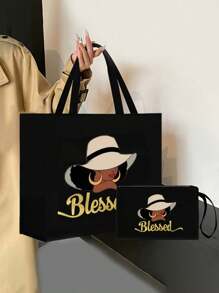Bolso de lona con estampado de letras doradas y patrones femeninos, que incluye una bolsa pequeña con asa de mano, monedero y bolso grande con gran capacidad, de uso casual y portátil, adecuado para compras en el supermercado, viajes de negocios, vacaciones en la playa, y también puede ser un regalo ideal para amigos, familiares, cumpleaños, Día de la Madre, Día del Maestro.