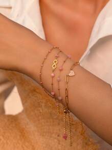 1 Stück Blogger Stil Armband aus Naturstein und rostfreiem Stahl in Unendlichkeitsform, vergoldet, wasserdicht, verstellbar, rosa Herz Kette, Modeschmuck, bohemian Vibe für Frühling/Sommer