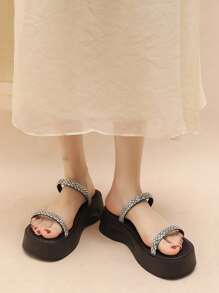 Women's Thick Sole Wedge Platform Sandals, Rhinestone Decorated For Beach, Vacation, Party, White Color