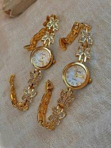 1pc French Plated Gold Rhinestone Encrusted Butterfly Design Women's Quartz Wrist Watch, Exquisite & Elegant, Fashionable & Vintage Style, Suitable For Daily Wear, Parties, Holidays, Wrist Accessory, Birthday Or Holiday Gift - Gold - View 5
