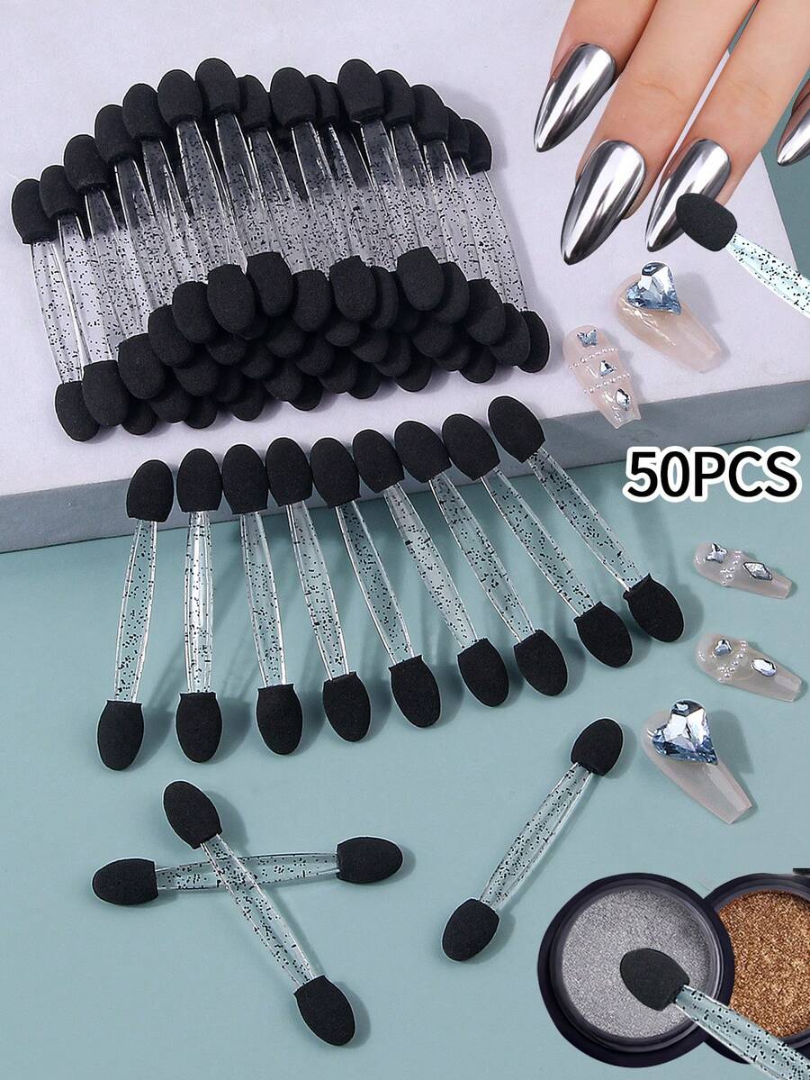 50 que ma sát mút trang trí móng tay màu đen, cọ mút ma thuật hai đầu, cọ vẽ móng nghệ thuật chuyển màu, kẹp ngón tay, cọ đính đá