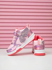 زوج من أحذية الأميرة ذات أسلوب توأم الفراشة المطرزة لفتيات، أحذية كانفاس عالية الأعلى للأطفال لامعة من جلد البولي يوريثان، مناسبة لجميع الفصول، قاعدة ملونة