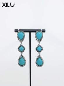 1 par de pendientes con colgante geométrico de colores múltiples con estilo vintage europeo para mujeres