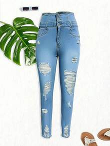 Slim Fit High Waist Sexy Women Denim Jeans,Ladies Pocket,Ripped,Zipper High Waist Skinny Long Light Wash Cotton Skinny Women Jeans,Spring/Fall,Casual Daily Wear - Rửa nhẹ - Xem 4