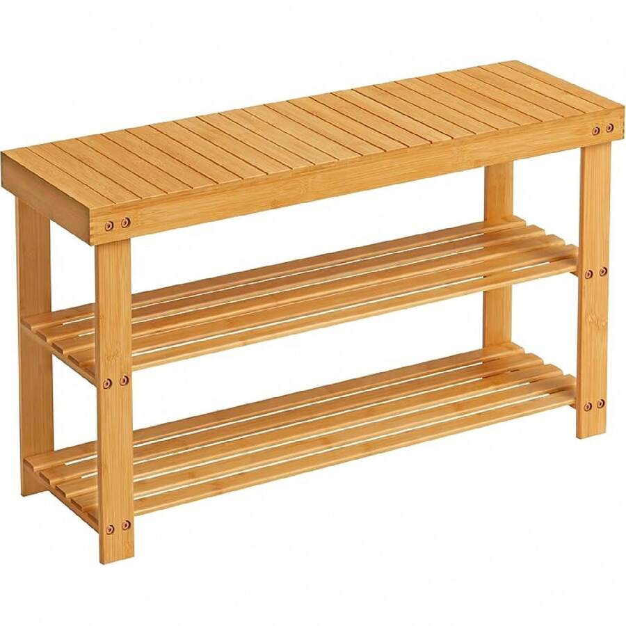 Shoe Rack Bench, 3-Tier Bamboo Shoe Storage Organizer, Entryway Bench, Holds Up To 286 Lb, 11.3 X 27.6 X 17.8 Inches, For Entryway Bathroom Bedroom, Cloud White - Natural - View 1