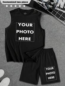 Customized Vest & Drawstring Shorts/Men's 2Pcs Set/Casual/Streetwear/Sportswear/Outdoor-Tennis Golf Style/ALL/Global/All Spring/Summer/Autumn/Fitted/Drawstring/Print/Holiday/College/Daily/Birthday/Anniversary/Other/Christmas/Halloween/Thanksgiving/Valentine's Day/Pride Month/Teacher's Day/Father's Day/Easter/Mother's Day/Ramadan/New Year/April Fools' Day/Independence Day - Black - View 1
