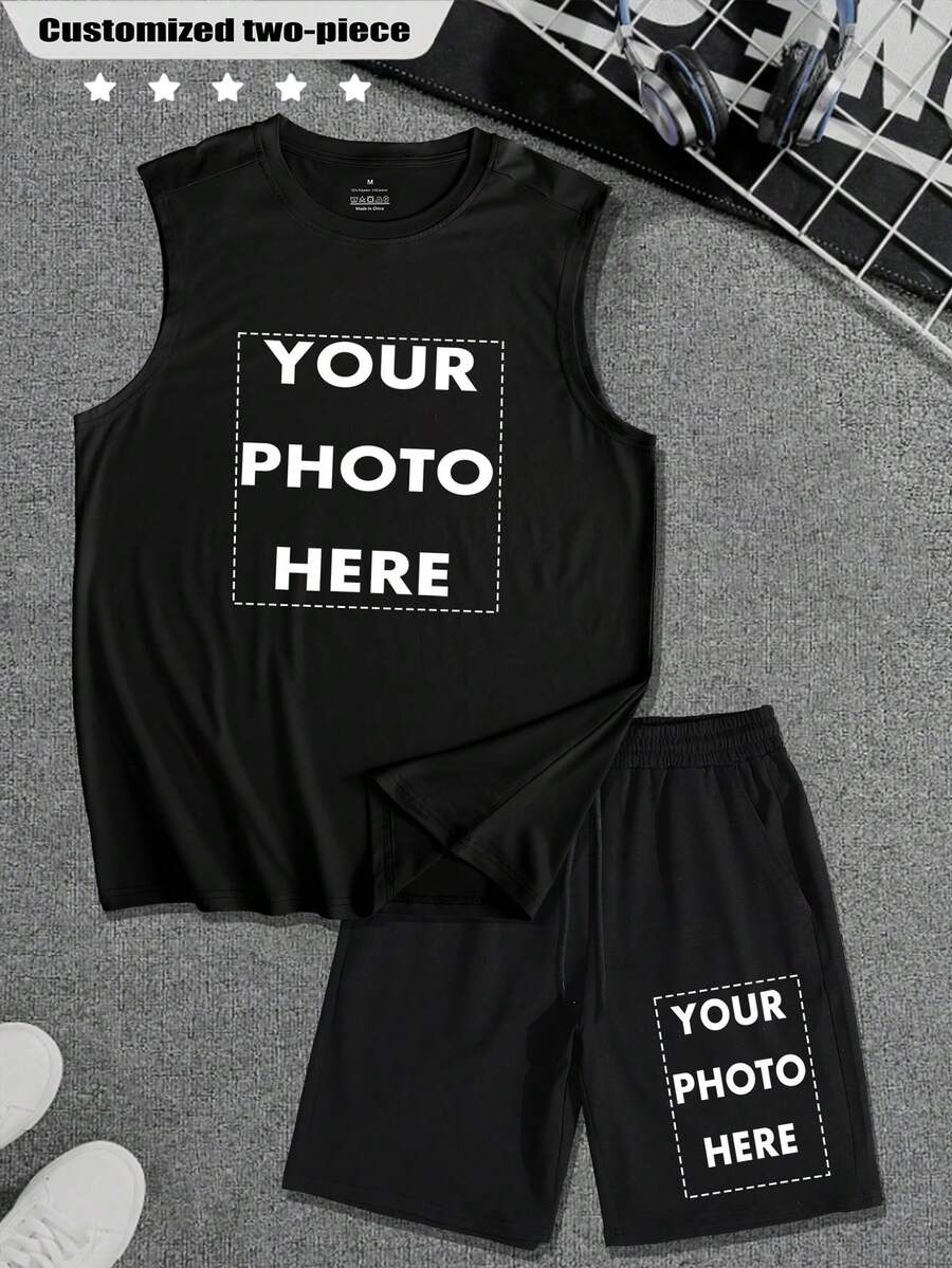 Customized Vest & Drawstring Shorts/Men's 2Pcs Set/Casual/Streetwear/Sportswear/Outdoor-Tennis Golf Style/ALL/Global/All Spring/Summer/Autumn/Fitted/Drawstring/Print/Holiday/College/Daily/Birthday/Anniversary/Other/Christmas/Halloween/Thanksgiving/Valentine's Day/Pride Month/Teacher's Day/Father's Day/Easter/Mother's Day/Ramadan/New Year/April Fools' Day/Independence Day - Black - View 1