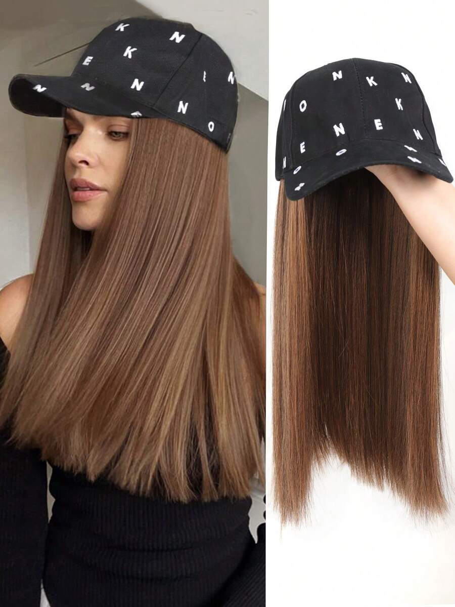 16 英寸长直发合成假发棒球帽接发帽假发黑棕色可调节女士假发