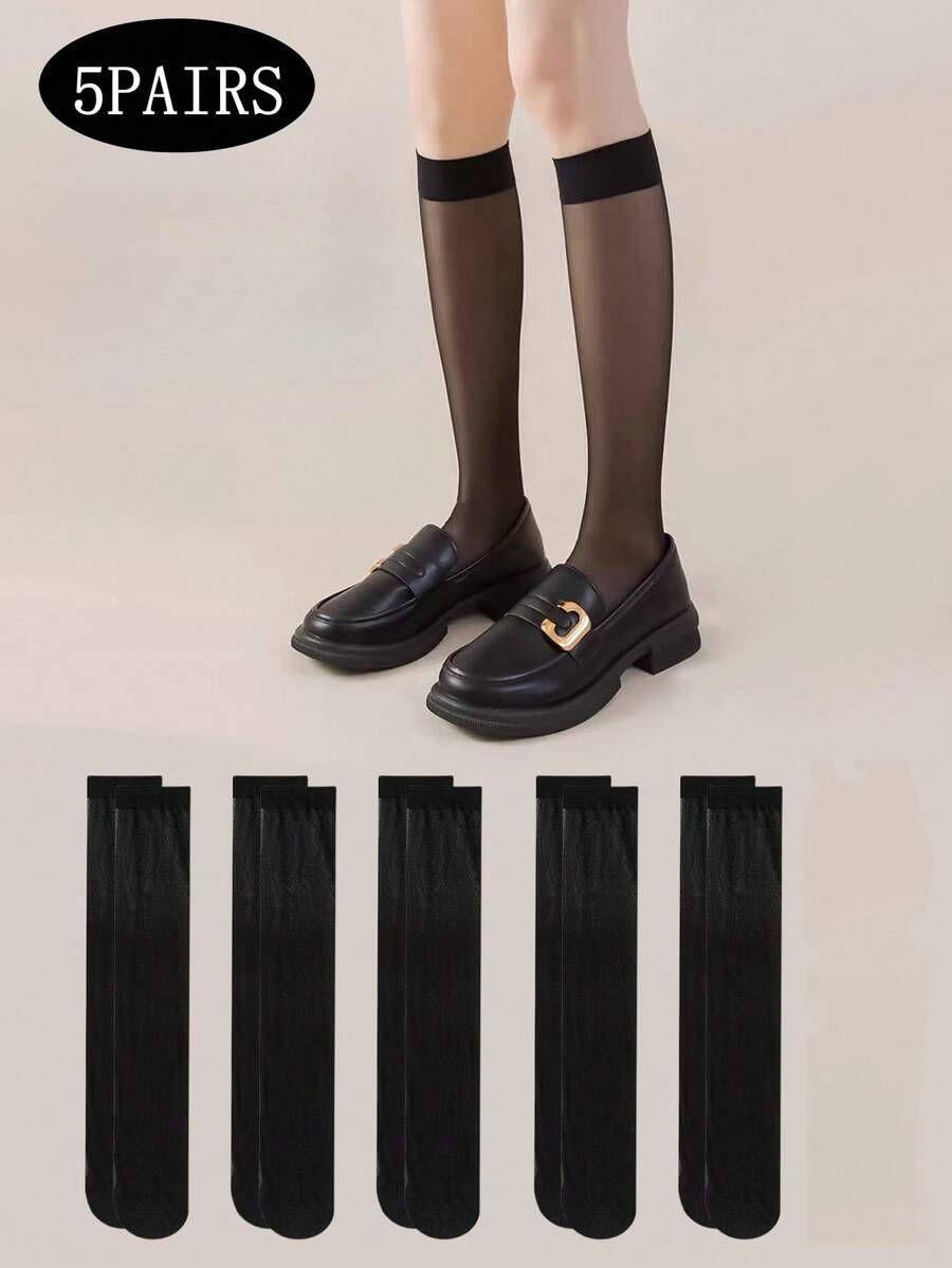 5 Pairs Women's Black Semi-Transparent Mid-Calf Stockings, Versatile For Daily Wear, Cozy Socks