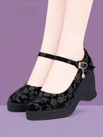 2025 National Style Thick Sole Embroidered Platform Wedge Shoes, Waterproof Strap Design Suitable For Mafeng Skirt