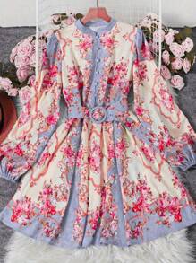Vestito estivo da donna in stile retrò ed elegante, con collo alla coreana in pizzo, maniche a lanterna e stile bohémien