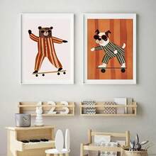 1PC Optional Frame Modern Funny Animals Rabbit Dog Bear Cat Lion Skateboard Posters Prints Crocodile Wall Arts Canvas Room Decor ,Wall Art With Frame - Multicolor - View 6