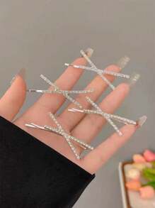 2pcs Silver Color Rhinestone X-Shape Hair Clip, Minimalist Design Hair Accessory, Suitable For Bangs & Flyaway Hair