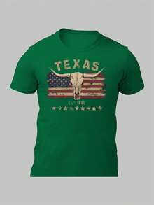Playera de verano estilo urbano para hombre, estampado gráfico de calavera de toro, cuello redondo, manga corta, 100 % algodón, 220 g, algodón grueso, cómoda. - Verde - Ver 2