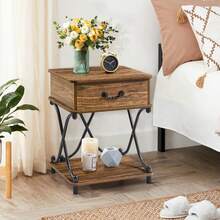 VECELO Set Of 2 Industrial Nightstand With X-Design Frame - Drawer End Table For Bedroom Living Room, 23.6" Retro Side Table,Brown - 棕色 - 查看 3