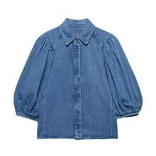 ZEVITY Blusa denim casual de un solo botonadura con mangas plisadas de color liso