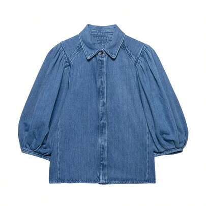 ZEVITY Blusa vaquera casual de un solo pecho con mangas plisadas de color liso para primavera