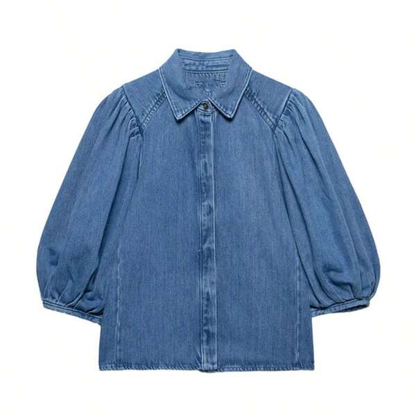ZEVITY Blusa denim casual de un solo botonadura con mangas plisadas de color liso