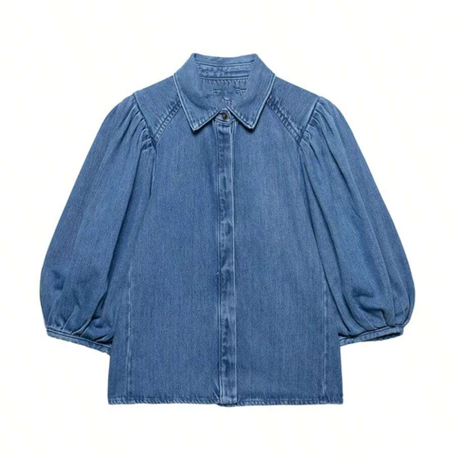 ZEVITY Blusa denim casual de un solo botonadura con mangas plisadas de color liso