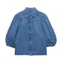 ZEVITY Plain Color Pleated Sleeve Single-Breasted Casual Denim Top