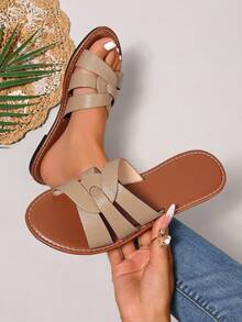 新款春夏品牌H女士拖鞋，时尚休闲套脚拖鞋，户外罗马风套脚凉鞋，黑色舒适米色棕色平底压纹拖鞋，博主推荐沙漠钥匙法式优雅水钻厚底坡跟凉鞋，沙滩装扮 - 杏色 - 查看 2