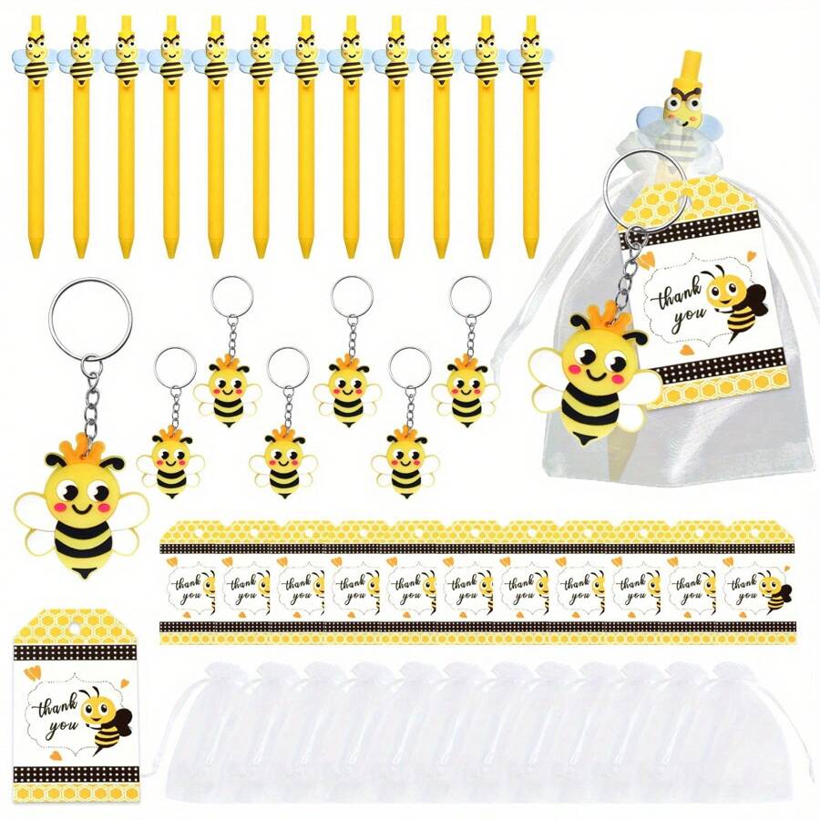 مجموعة 12 طقم/ 48 قطعة لحفلات موضوع النحلة، تشمل 12 بريق مفاتيح على شكل نحلة، 12 علامة هدية، 12 قلم، و 12 كيس هدية - مثالية لموضوع النحل، أعياد الميلاد المتعلقة بالنحل، احتفالات تقدير الفريق / الموظف، الحفلات، الفصول، يوم النحل العالمي