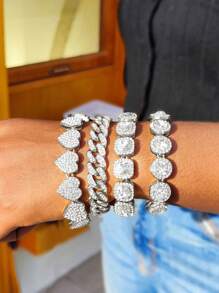1 Stück/4 Stücke Hiphop Armband für Herren und Damen, rundes oder quadratisches Herz mit voll besetzten Strass, mehrlagige Ketten-Armband Set in Gold und Silber, funkelnde Eisenkette Metall Miami Armband Schmuck zum Valentinstag