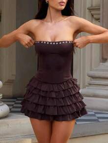 Women Y2K Strapless Short Dress Backless Tube Ruched Ruffle Mini Dress Floral Flowy Sleeveless Bodycon Sundress - Brown - View 2