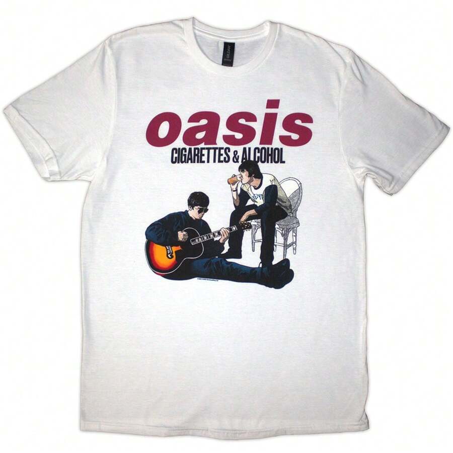 Oasis | Official Band  T-Shirt | Cigarettes & Alcohol Illustration (White) - 48-Hour Fast Shipping!  - White - View 1
