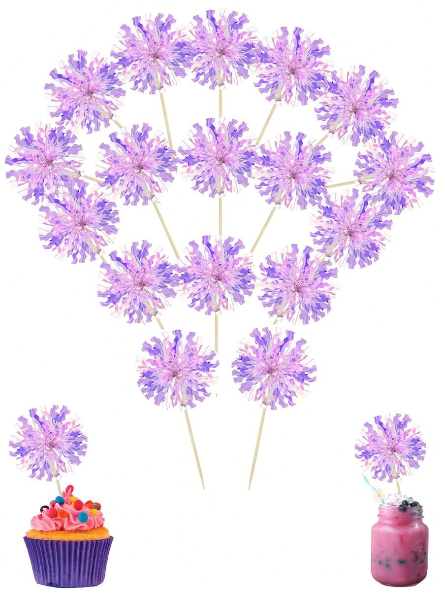 20个/10个铝箔亮面纸杯蛋糕装饰插牌，生日蛋糕装饰，铁丝花，饮料搅拌棒，适用于婚礼、母亲节、毕业蛋糕，水果牙签 - 紫色 - 查看 1