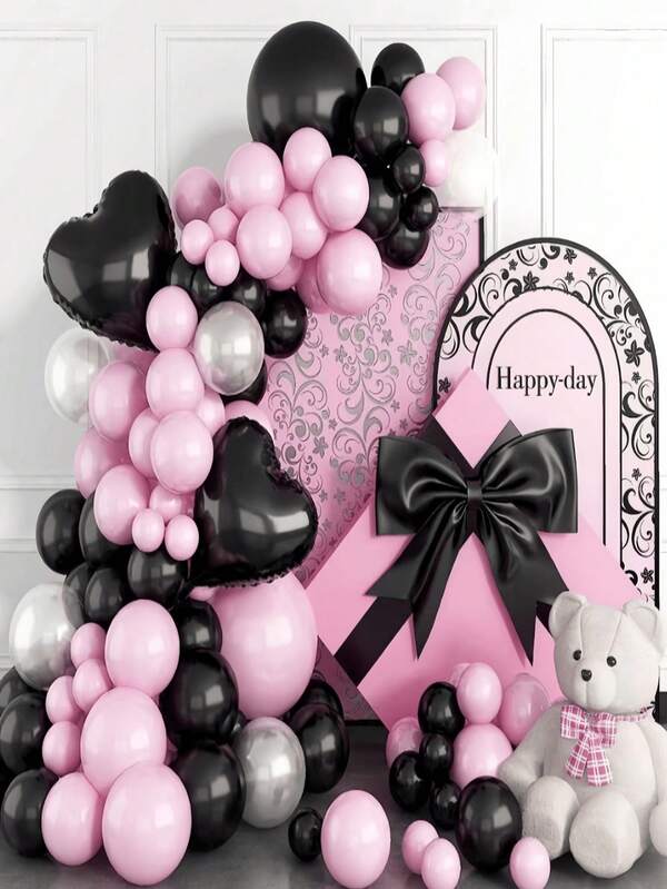 1 set de globos en forma de corazón de color negro, que incluye globos rosa, negro y blanco, adecuado para familias, mujeres, bodas, fiestas de vacaciones, reuniones de graduación, decoraciones de fiesta de cumpleaños, regalos de verano, accesorios escolares, decoración de habitaciones