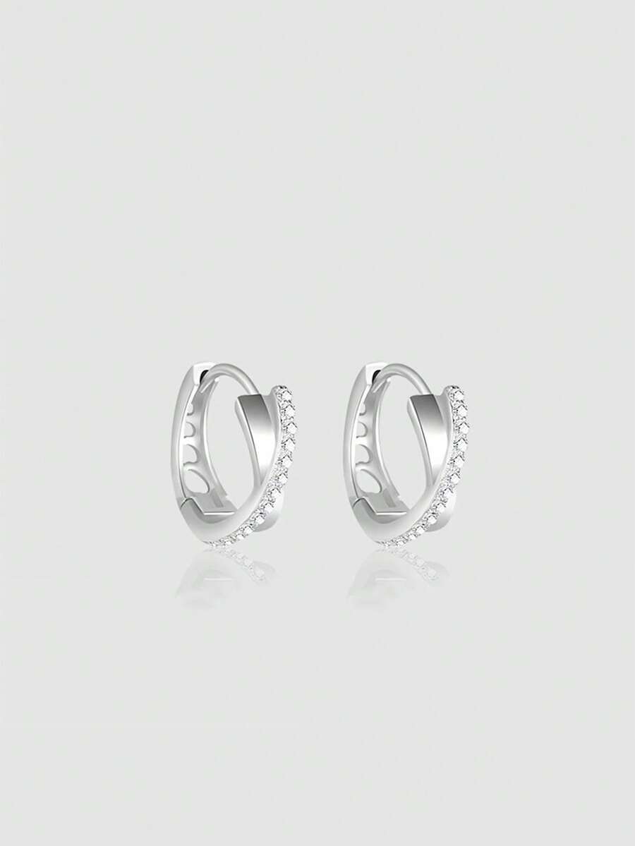 1 Pair Fashionable Luxury Brass Micro-Inlaid Zirconia Crossed Circle Hoop Earrings, Simple Versatile Elegant Design Suitable For Women's Daily Wear - Antique Silver - View 1