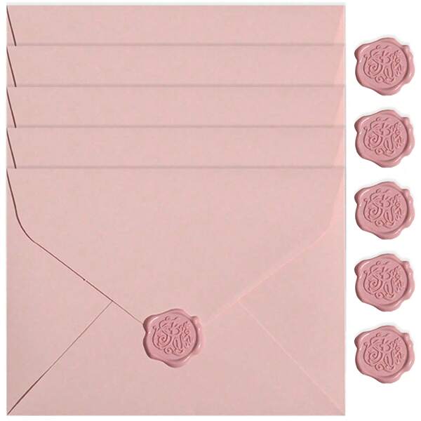Sakura roze retro enveloppen in een prachtige en frisse enveloppenset. Eenvoudige romantische liefdesbrief met vuurverf. Verzegelde envelop voor een huwelijksuitnodiging. Geschikt als cadeau voor Valentijnsdag en Moederdag (5 enveloppen + 5 lakzegels). Terug naar school.