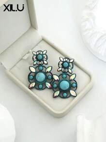 1 par de pendientes con colgante geométrico de colores múltiples con estilo vintage europeo para mujeres