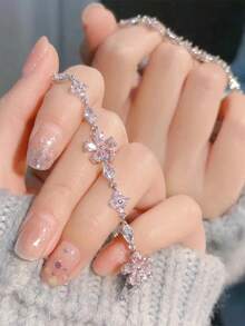 1pc Cherry Blossom Pink Crystal Bracelet, Suitable For Daily Wear, Zirconia Sakura Butterfly Charm Bell Bracelet For Women, Delicate And Chic, Elegant Feminine Gift - Pink - View 3