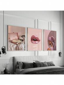 Set de 3 cuadros de arte de pared de moda y lujo con impresión en lienzo, decoración rosa para dormitorio o sala de estar, póster de labios brillantes urbanos como regalo opcional con marco - 3 piezas/juego - Ver 1