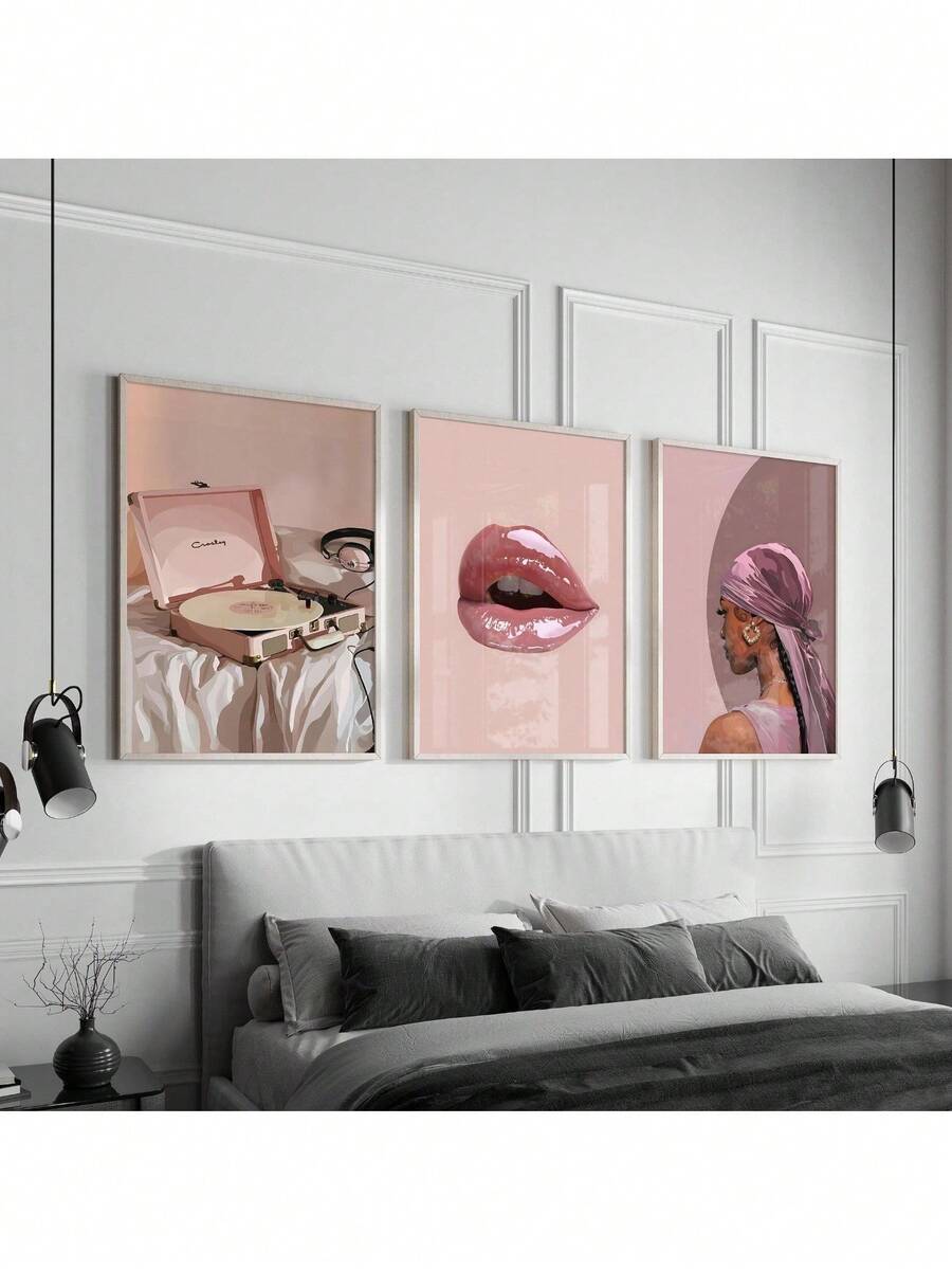 Set de 3 cuadros de arte de pared de moda y lujo con impresión en lienzo, decoración rosa para dormitorio o sala de estar, póster de labios brillantes urbanos como regalo opcional con marco - 3 piezas/juego - Ver 1