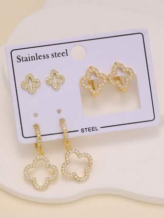 3 件套优雅花卉方晶锆石不锈钢耳钉，适合女士佩戴，适合派对、约会、日常佩戴，也可作为礼物赠送朋友