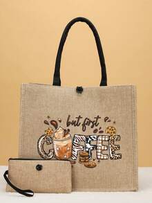 2 Pieces Letter Print Canvas Tote Bag Set - Khaki - View 2