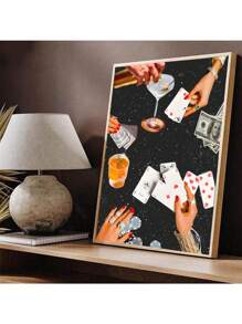 1 pezzo Dipinto su tela con stampa vintage di carte da gioco, arte murale vintage con carte da poker e bicchieri, cartellone vintage ideale per decorazioni di carrelli bar, decorazioni per la casa, regali per feste e compleanni, decorazioni per ufficio. Opzione di cornice per l'opera d'arte.