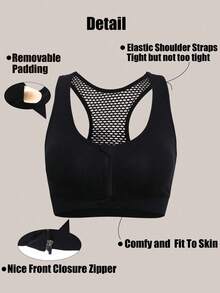 Women Zipper Sport Bra Gym Tank Tops Shockproof Racerback Removable Padding Wireless Bralette Training Bras Sexy Backless Mesh Yoga Compression - Black - View 6