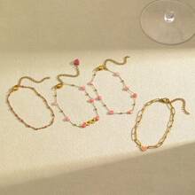 1 Stück Blogger Stil Armband aus Naturstein und rostfreiem Stahl in Unendlichkeitsform, vergoldet, wasserdicht, verstellbar, rosa Herz Kette, Modeschmuck, bohemian Vibe für Frühling/Sommer