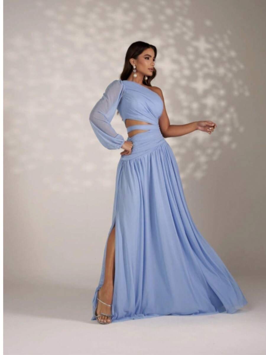 Long Dress For Bridesmaids Wedding Graduation One Sleeve Elegant - Serenity Blue - View 1