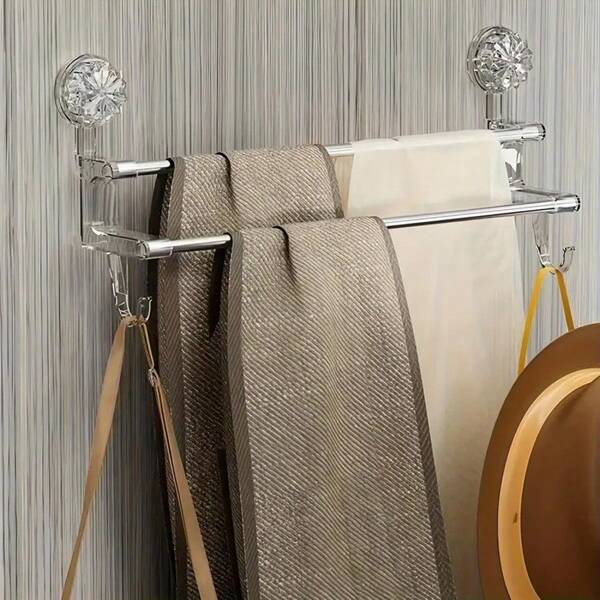 Double-Pole Wall-Mounted Towel Rack With Hooks, Household Non-Perforated Bath Towel Storage Rack With Suction Cups, Bathroom Storage Rack, Dry And Wet Towel Dual-Purpose Storage Rack, Bathroom Organizer, Door Rear Hook, Metal Storage Hanging Rod, Suitable For Towels, Bath Towels, Scarves, Bath Flowers, Home Decoration, Room Decoration, Bathroom Accessories