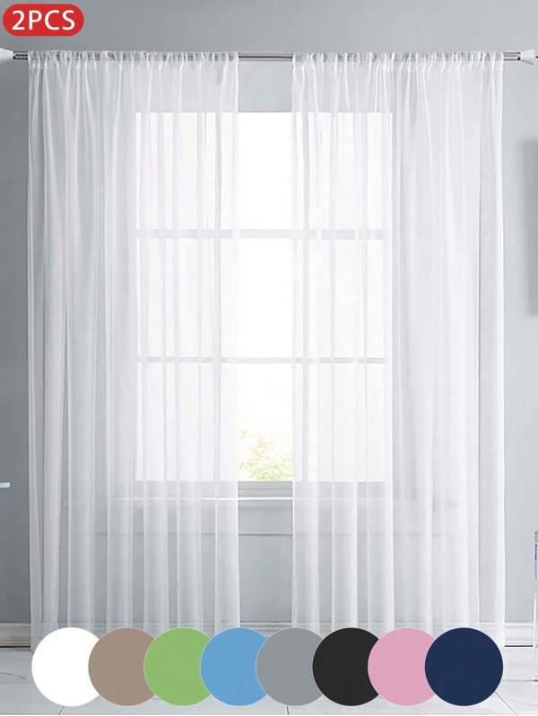 2pcs Sheer Plain Curtains, Lightweight & Luxurious Minimalist Polyester Voile Curtain Panel, Filtering Lighting For Bedroom, Living Room, Balcony Decor