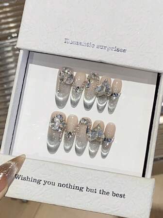 10Pcs High-End Diamond-Encrusted Cat'S Eye French Style Handmade Fake Nails, Long Nail Decorative Patches With A Light Luxury Style Press On Nails Nail Supplies Nails