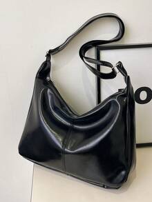 Retro Large Capacity Women's Solid Color Soft Leather One Shoulder Underarm Bag - Black - View 6